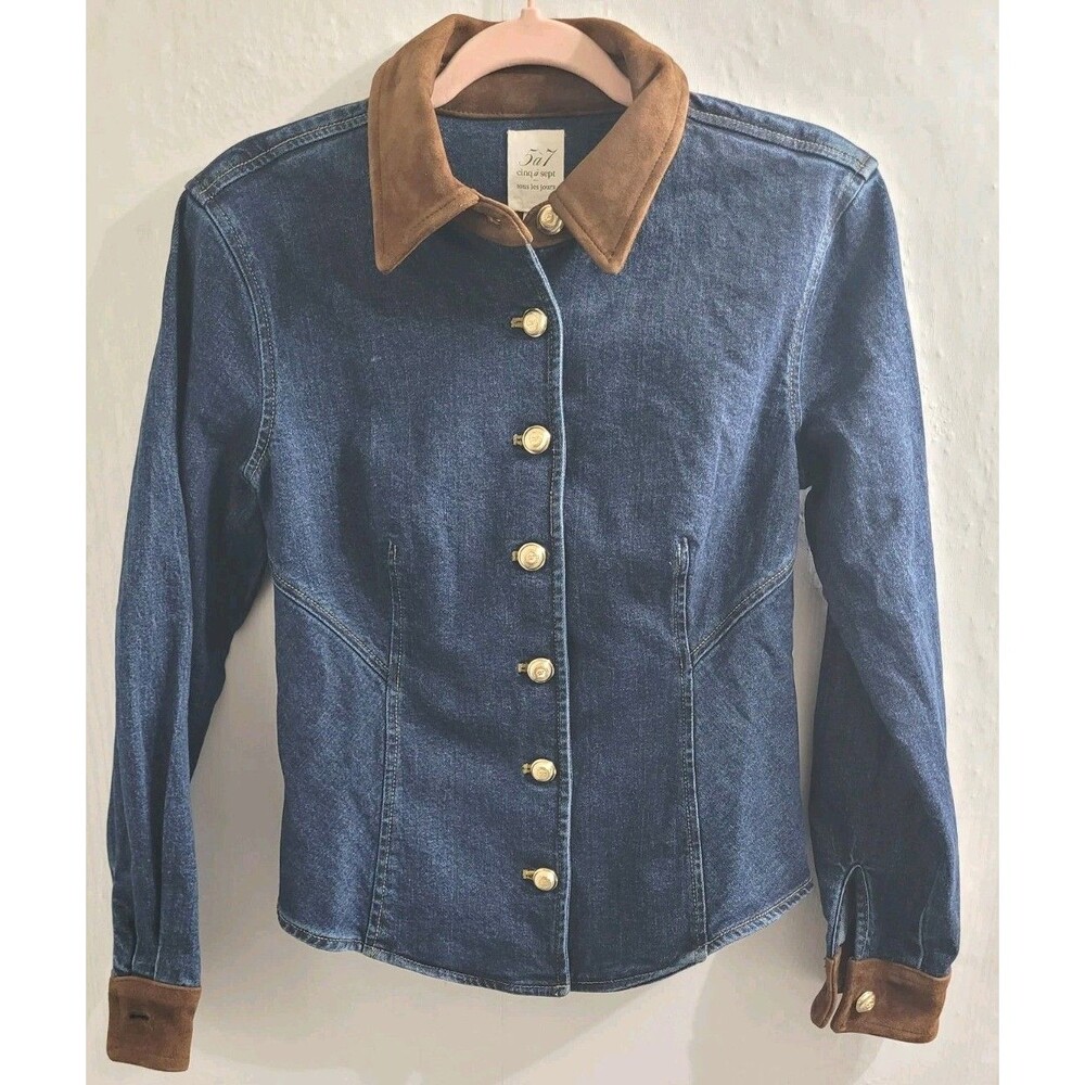 NWT Cinq à Sept XS Suede Combo Autumn Denim Jacket Goat Leather Trim $395
